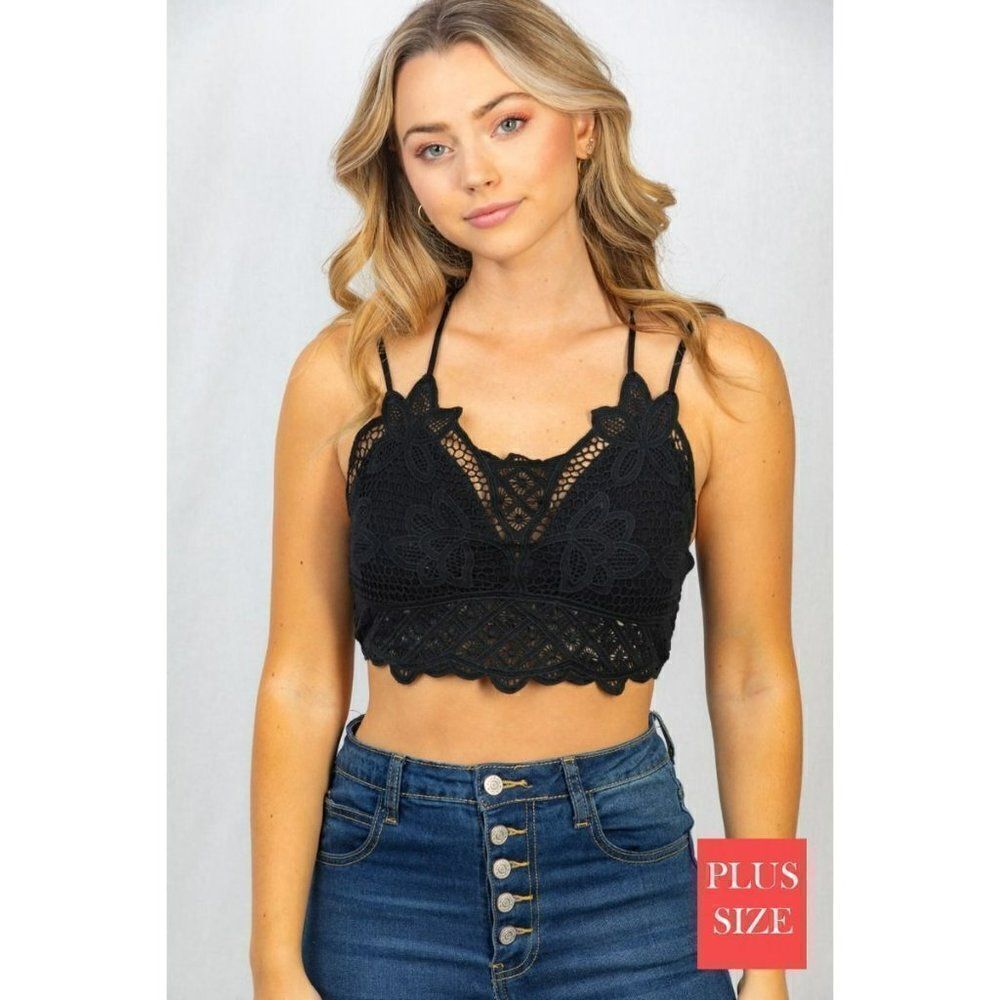 Sale! White Birch Boho Flower Bralette Lace Black Spring Summer PLUS SZ T23668P